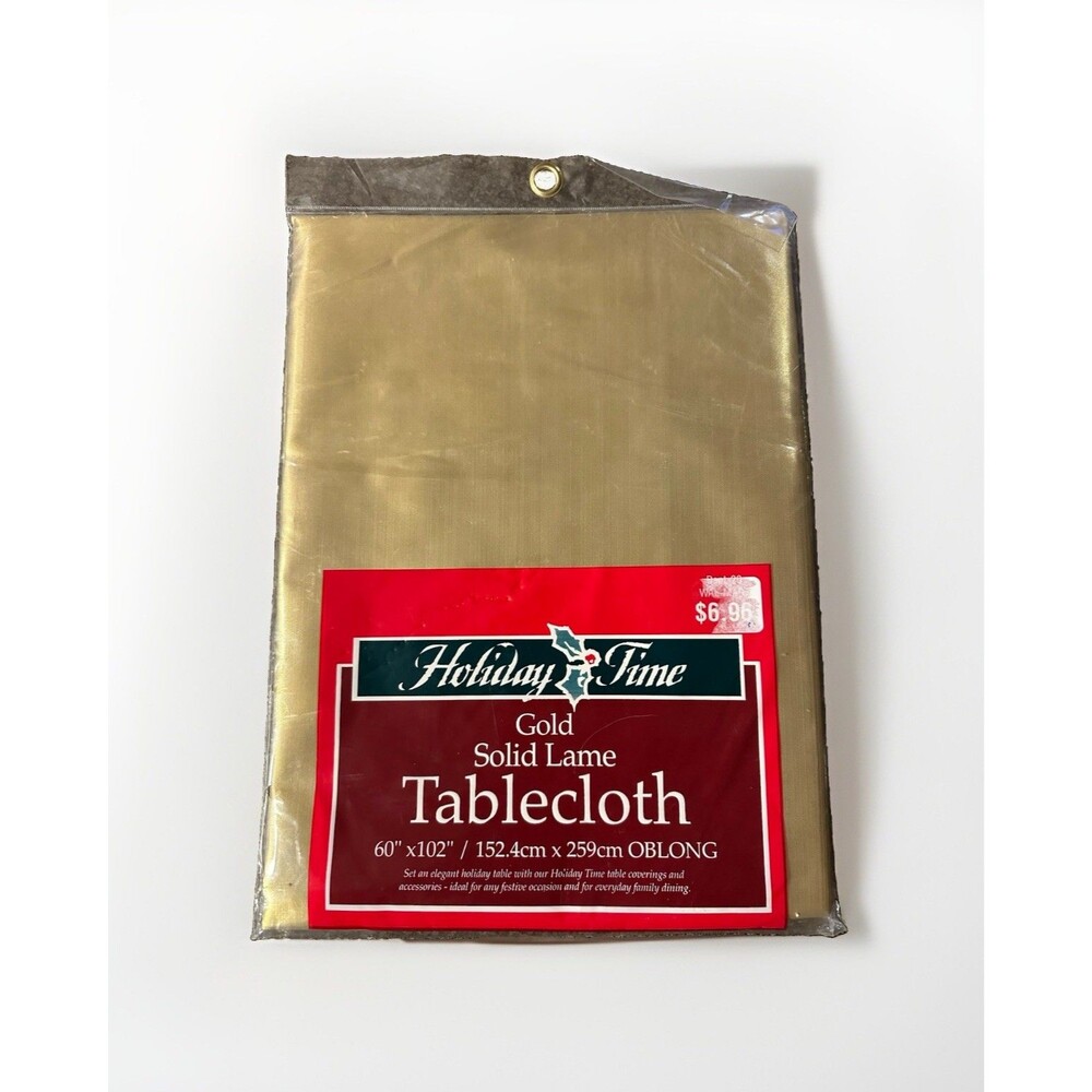 VINTAGE Gold Lame HOLIDAY TIME Tablecloth 60x102 Oblong NEW Old Stock Unopened